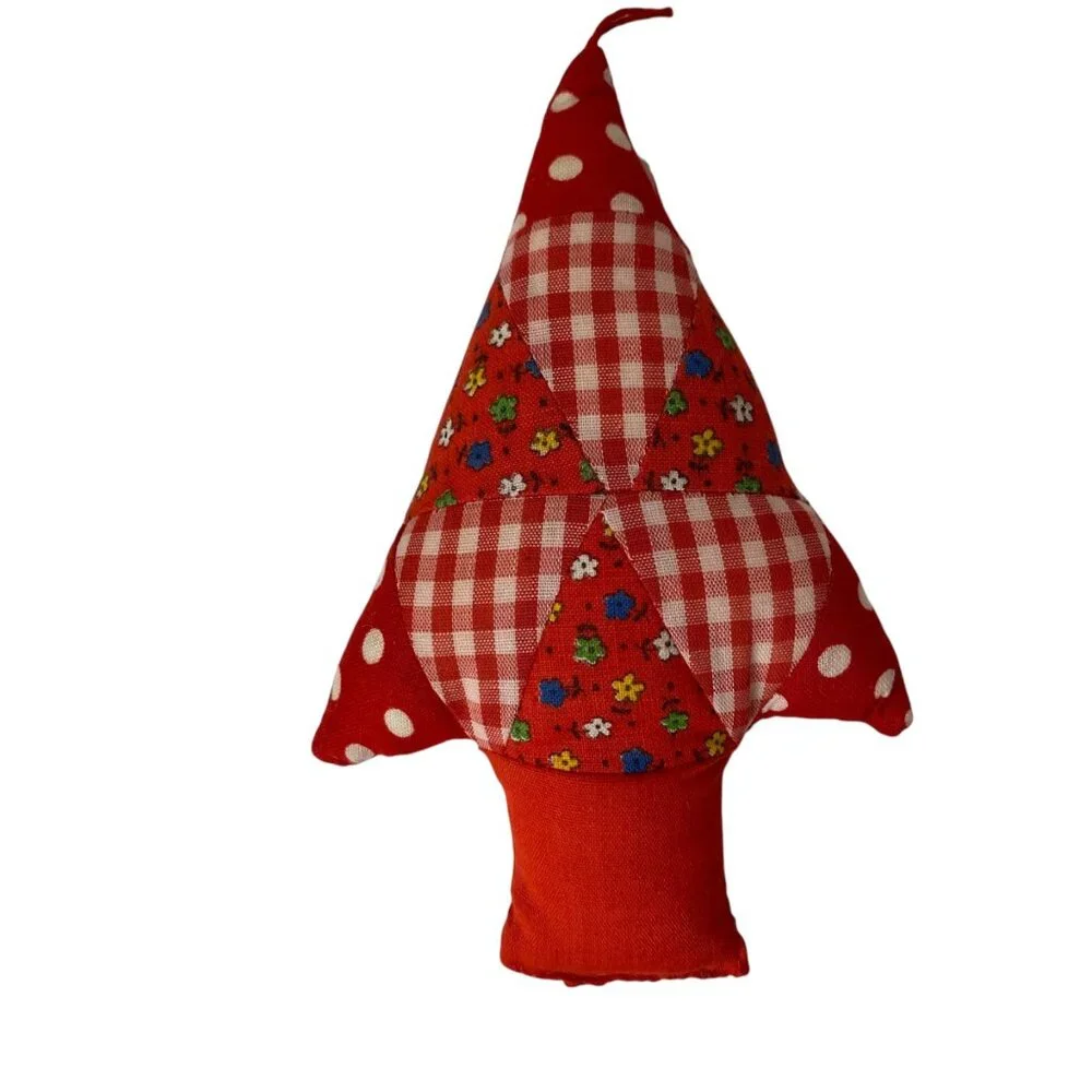 Handcrafted Red Patchwork Christmas Decoration Set Plush Tree Bell Wreath Rustic